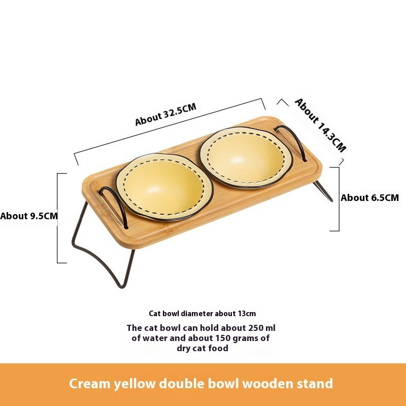 Pet Wooden Rack Ceramic Cat Bowl