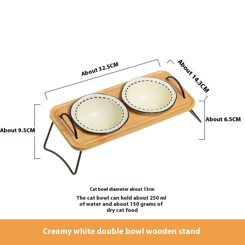 Pet Wooden Rack Ceramic Cat Bowl